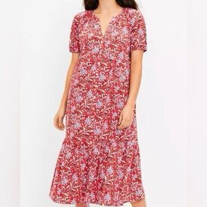 ANN TAYLOR LOFT Red Floral Ruffle Hem Button Midi Shift Dress V Neck Size XS P